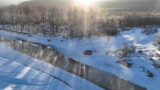 航拍林海雪原冰河冻雾朝阳