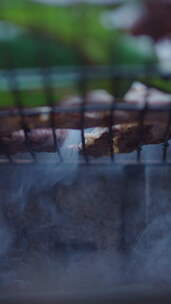 肉类和蔬菜在烤架上切割和展示低角度拍摄