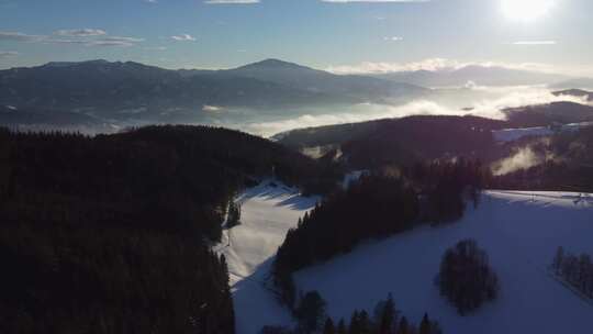 山，雪，房子，针叶树