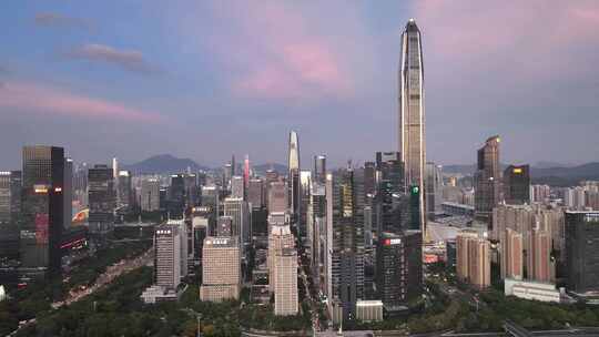 深圳福田区CBD建筑群晚霞夜景航拍