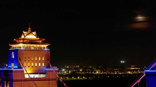 航拍扬州万福大桥亮化圆月同框夜景