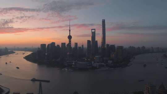 上海浦东陆家嘴黄浦江东方明珠朝霞日出航拍