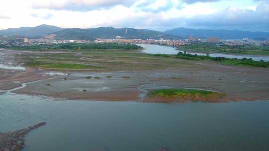 航拍闽江小岛果园茉莉花田沙洲湿地河汊白鹭