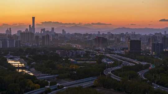 实拍夕阳下的北京国贸CBD延时