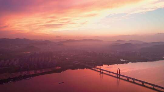 杭州之江大桥日落晚霞风景航拍