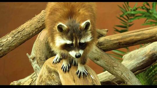 小浣熊在树桩上动物园野生动物视频素材模板下载