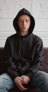 忧郁欧洲少年男性模特穿黑色卫衣竖屏