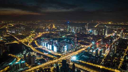 南京河西建邺新城科技园航拍晚霞夜景延时