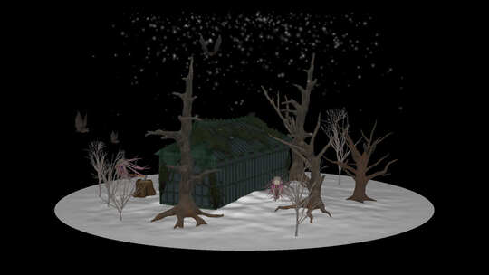 冬季恐怖场景-森林中有怪物的房子，落雪，