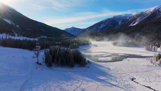 新疆阿勒泰地区喀纳斯景区雪景航拍