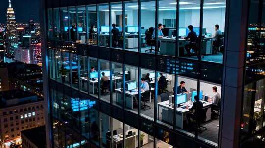 深夜加班写字楼灯火通明上班族熬夜加班