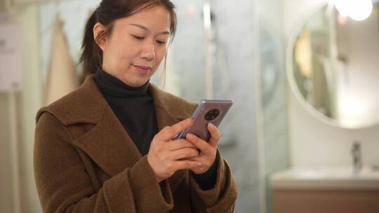 中年女性在卫生间使用手机视频素材模板下载