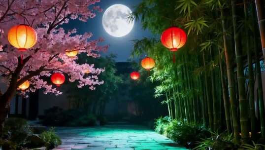 月夜中式庭院灯笼竹林景观