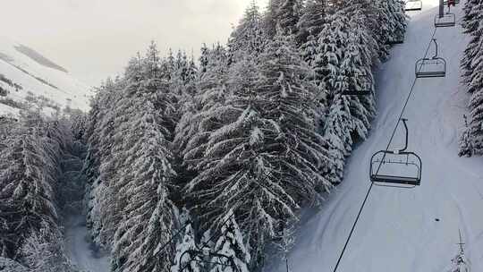 无人驾驶飞机航拍的滑雪缆车在法国阿尔卑斯山高大的白雪覆盖的树木之间经过的圆形视图