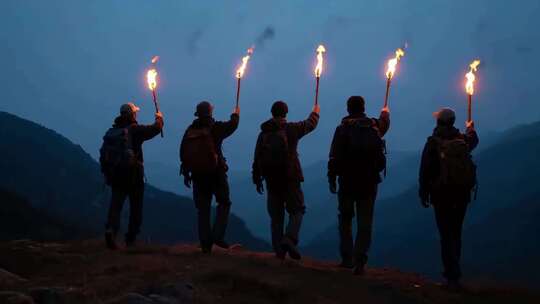 户外徒步者手持火把行走画面