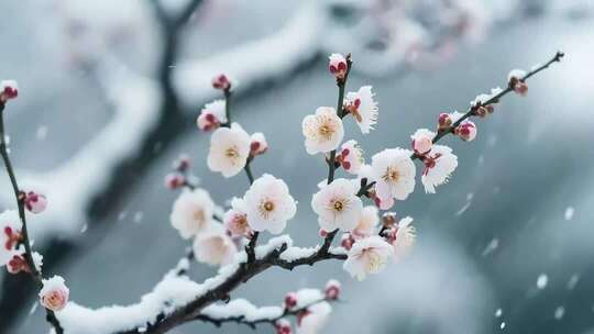 雪中绽放的梅花特写