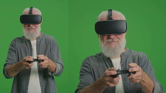 2合1分割绿屏蒙太奇一个戴VR眼镜的老人