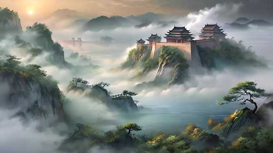 中国传统水墨山水长城云雾缥缈