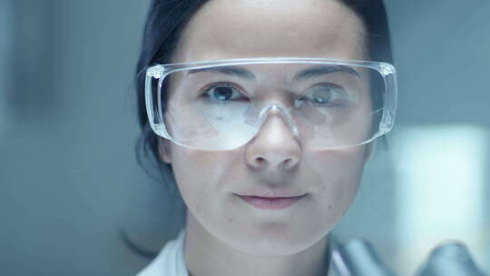 女微生物学家在实验室戴防护眼镜的肖像