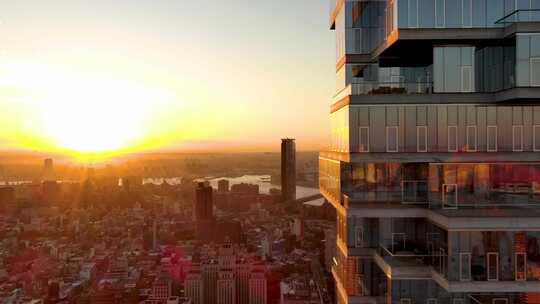 城市航拍纽约曼哈顿翠贝卡积木塔天际线日出
