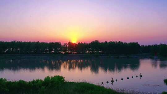 航拍邵伯镇邵伯湖夕阳落日夜景