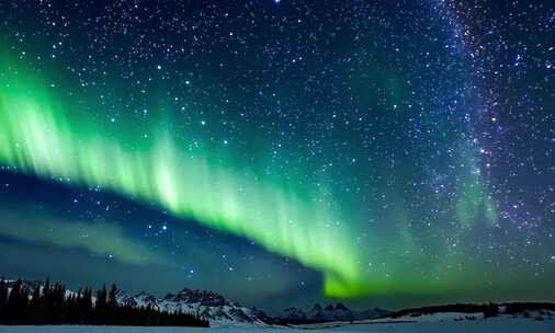 雪山夜空下的极光美景