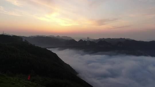 旅游景区湖南湘西矮寨大桥云海日出航拍