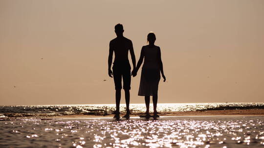 日落时分一对年轻情侣站在海边的剪影