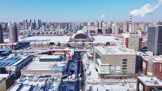 辽宁沈阳站航拍冬季城市雪景航拍