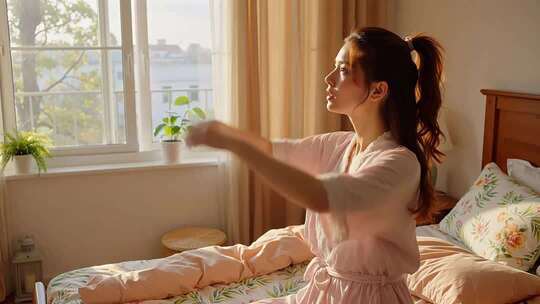 女孩卧室起床伸懒腰场景