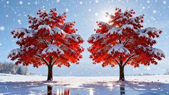 雪中红枫树风景