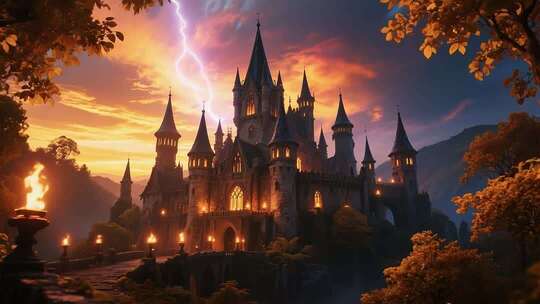 魔幻城堡黄昏闪电场景