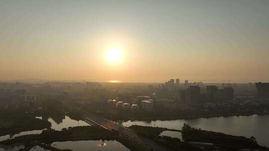 福州东湖数字小镇日出航拍城市剪影建筑风光