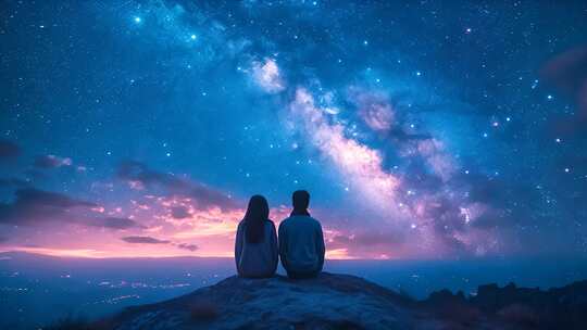 夕阳星空下的情侣 海边日落银河唯美爱情