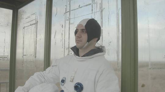 戴着帽子的宇航员站在窗前