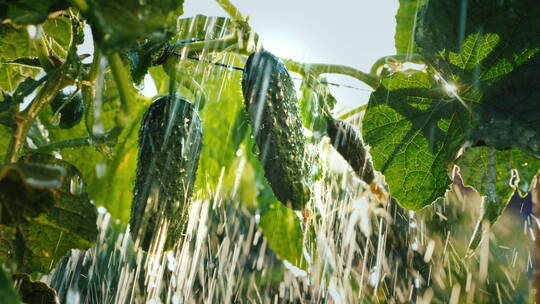 雨水浇灌树上的黄瓜视频素材模板下载