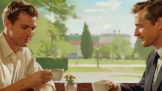 两位男士户外喝咖啡交谈