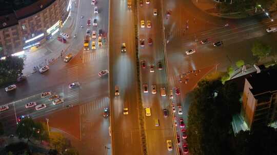 长沙夜景夜晚立交桥车流交通航拍车辆十字路