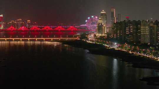 江西南昌红谷滩区赣江夜晚夜景高楼大厦航拍