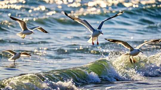 大海海洋航拍海浪升格海鸥海面海上日出海滩
