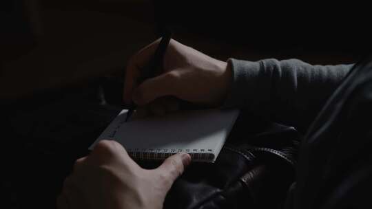 一个男人正在白纸上写笔记。