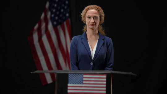 自信美丽的美国政治家女人站在论坛报看着镜头