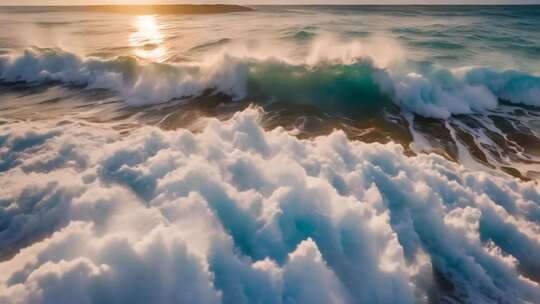 海边日落海浪全景