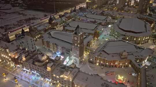 中国黑龙江哈尔滨世界欢乐城夜晚雪景航拍