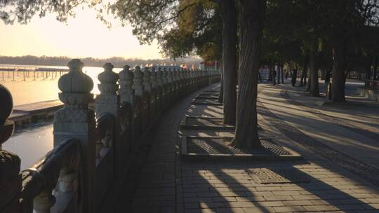 石栏杆 光影 黄昏 北京颐和园 昆明湖畔