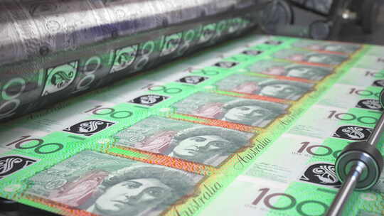 在印刷机上印刷货币澳元澳元钞票在排版循环