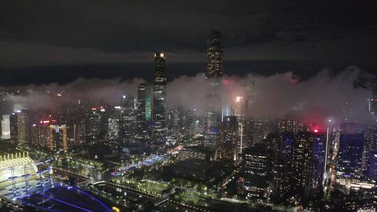 广州市中心花城汇暴雨航拍夜景高楼大厦