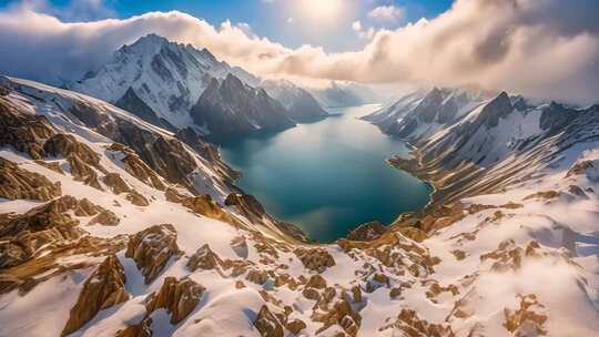 雪山环绕的湖泊壮丽景观