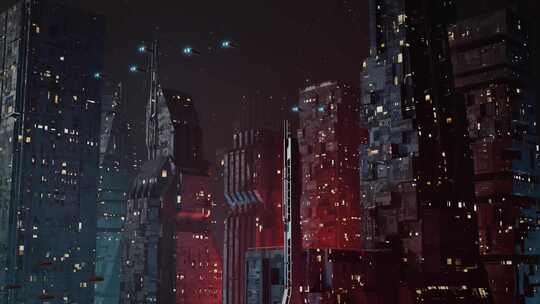 未来主义，反乌托邦科幻城市在夜间建立镜头