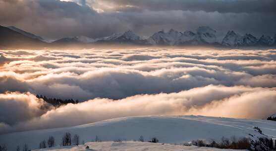 雪山云雾森林阳光树林远山峰大自然生态风景